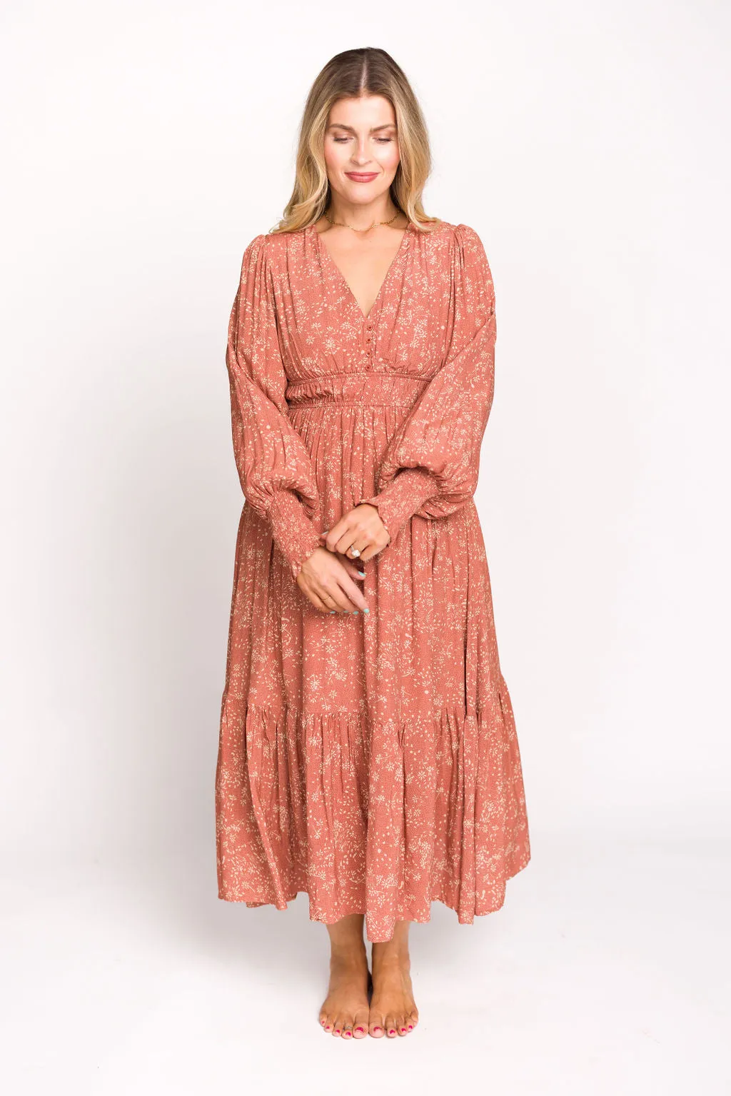 Florence Floral Button Down Long Sleeve Maxi Dress in Rosewood