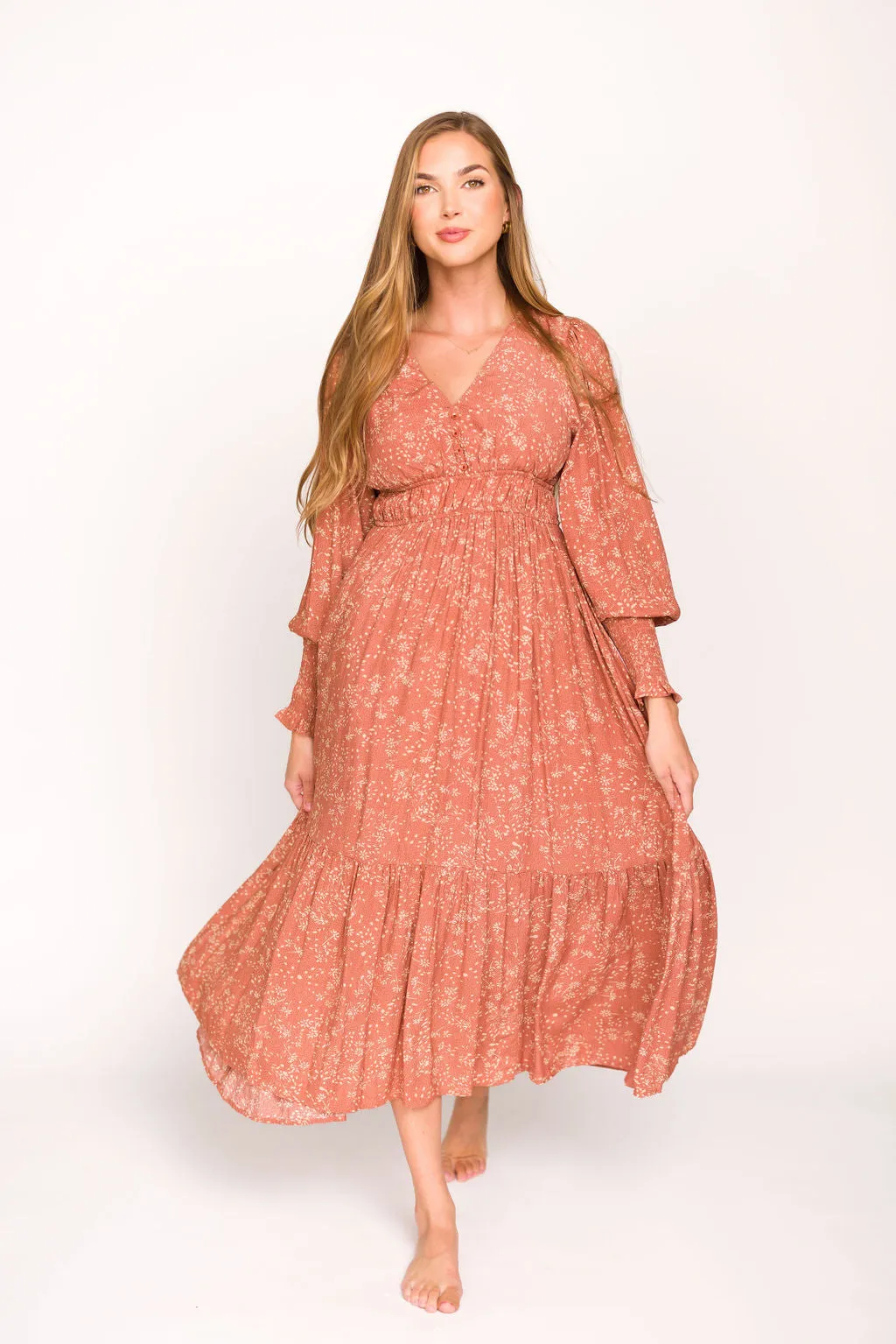 Florence Floral Button Down Long Sleeve Maxi Dress in Rosewood