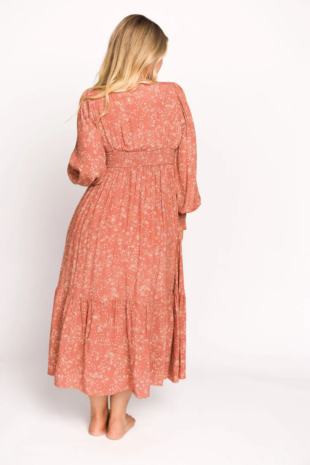 Florence Floral Button Down Long Sleeve Maxi Dress in Rosewood