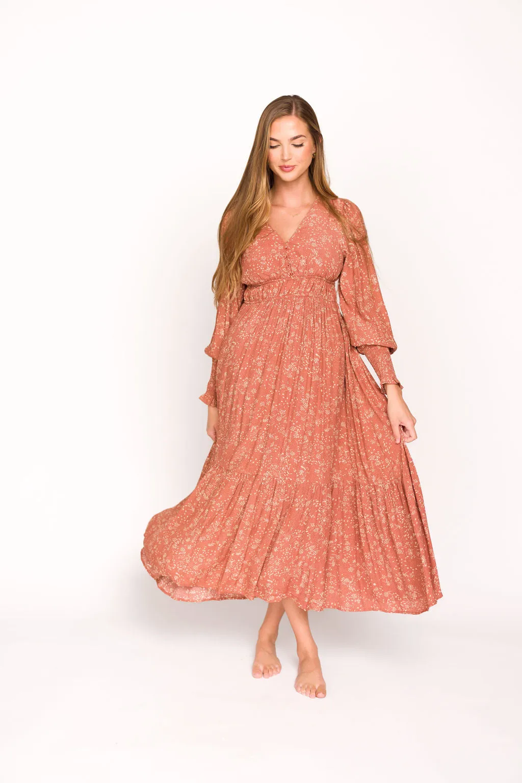 Florence Floral Button Down Long Sleeve Maxi Dress in Rosewood