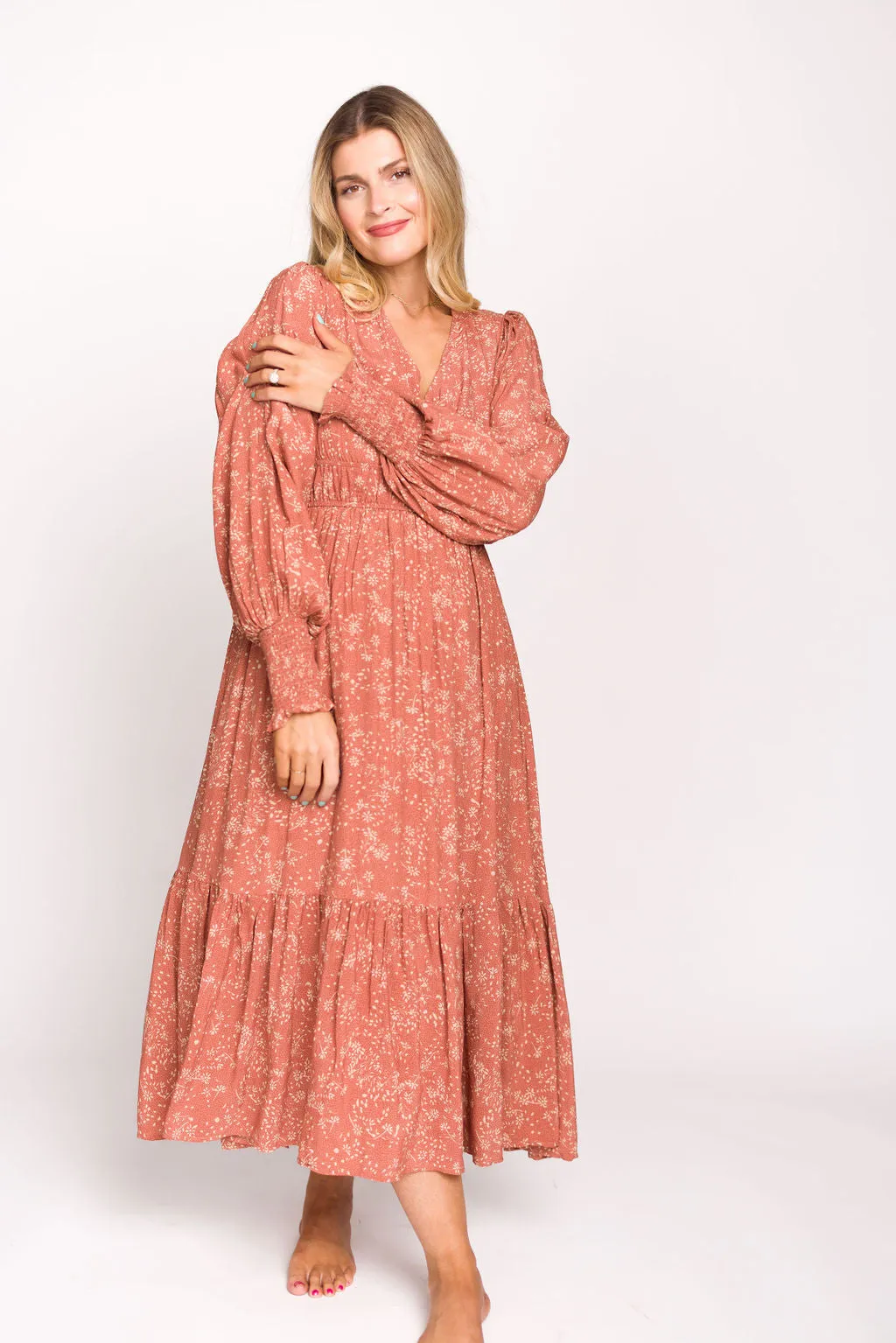 Florence Floral Button Down Long Sleeve Maxi Dress in Rosewood