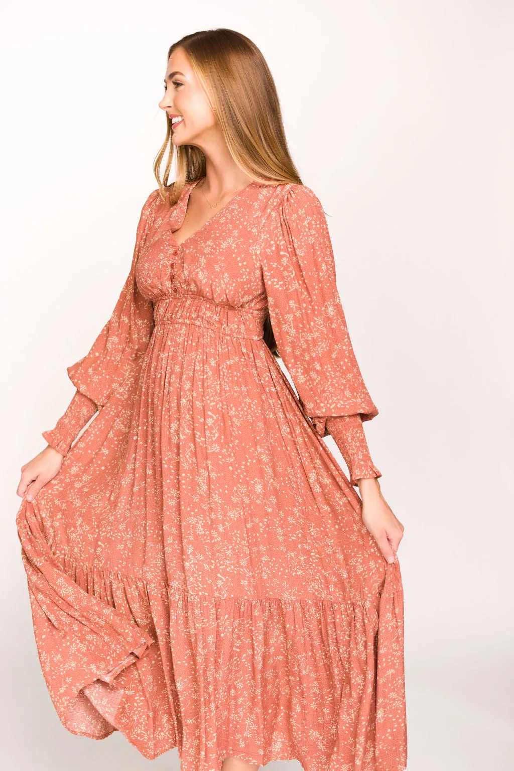 Florence Floral Button Down Long Sleeve Maxi Dress in Rosewood