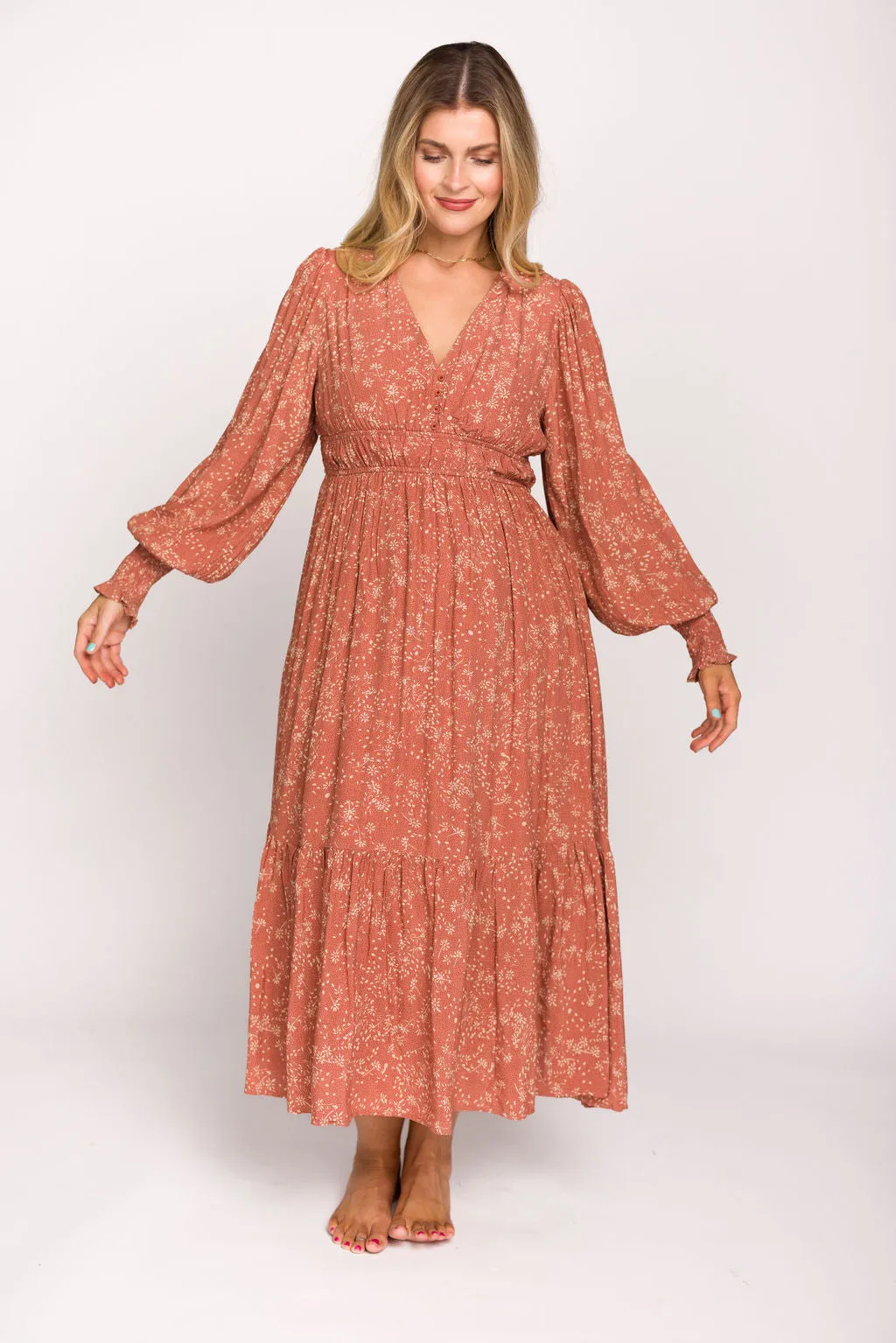 Florence Floral Button Down Long Sleeve Maxi Dress in Rosewood