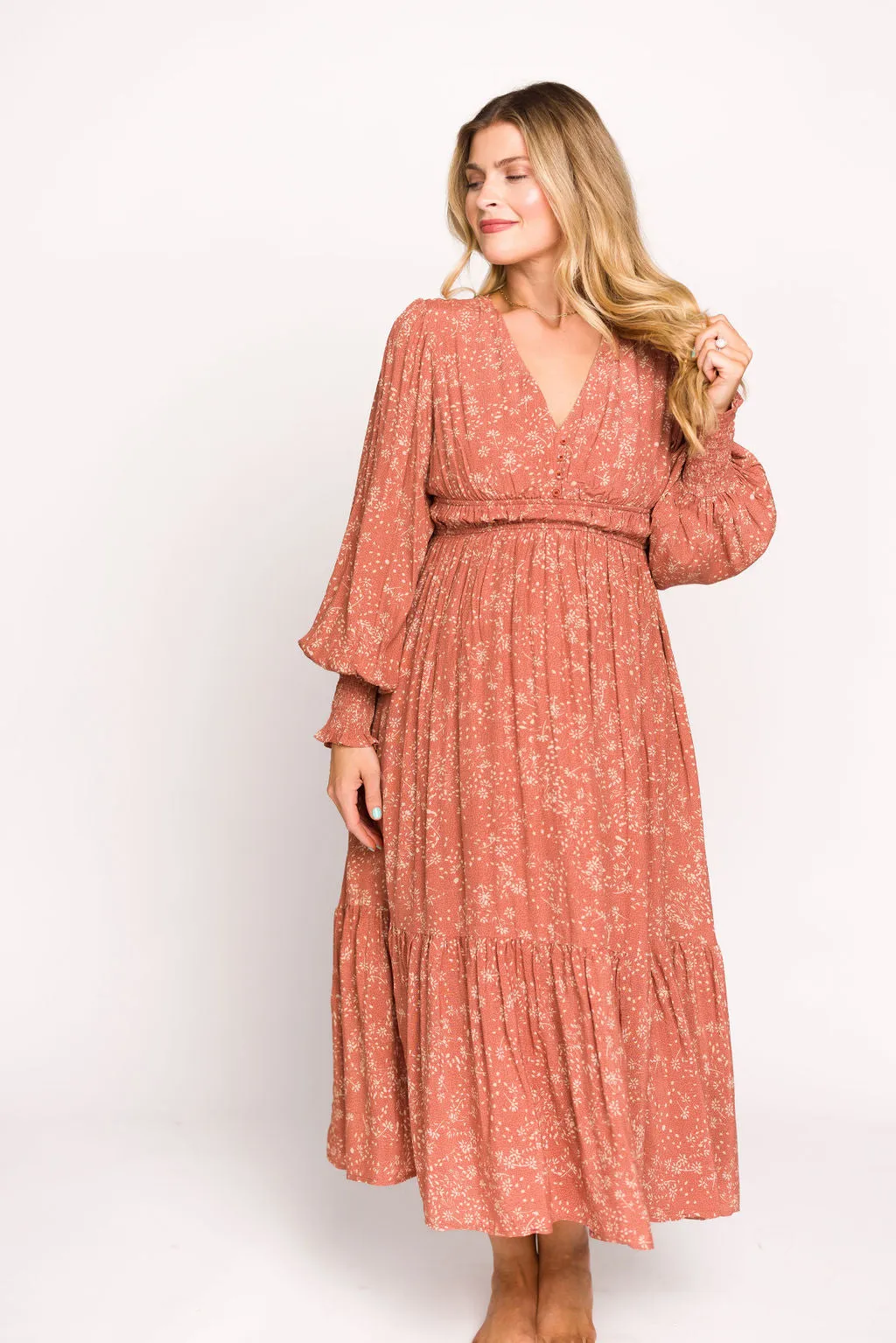 Florence Floral Button Down Long Sleeve Maxi Dress in Rosewood