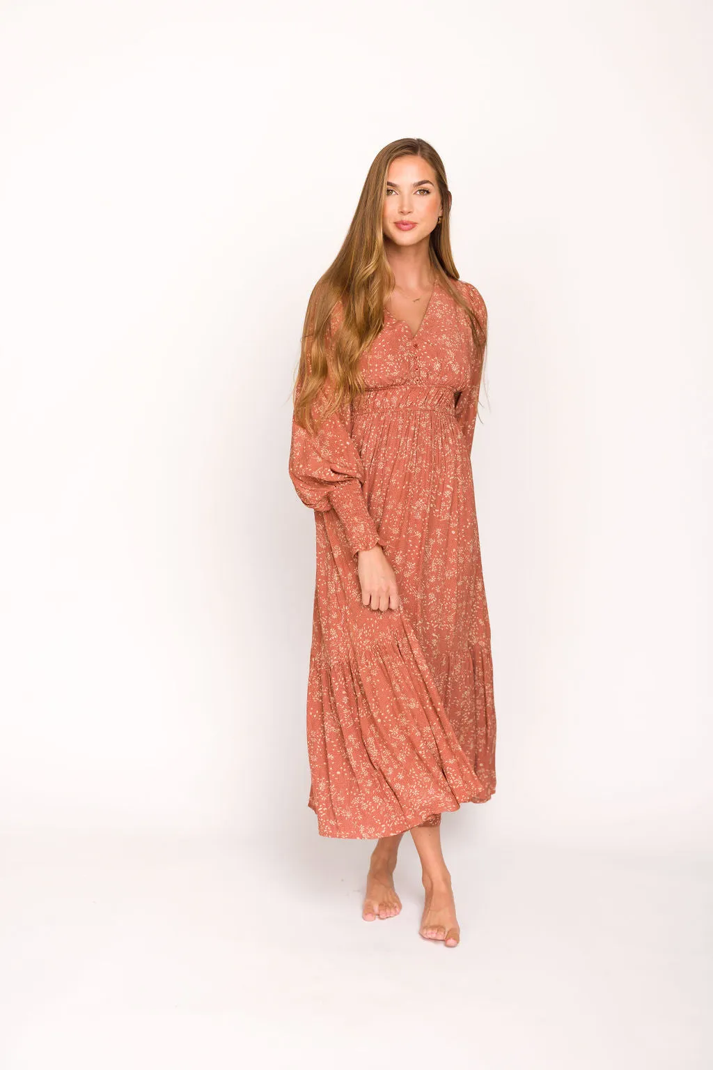 Florence Floral Button Down Long Sleeve Maxi Dress in Rosewood