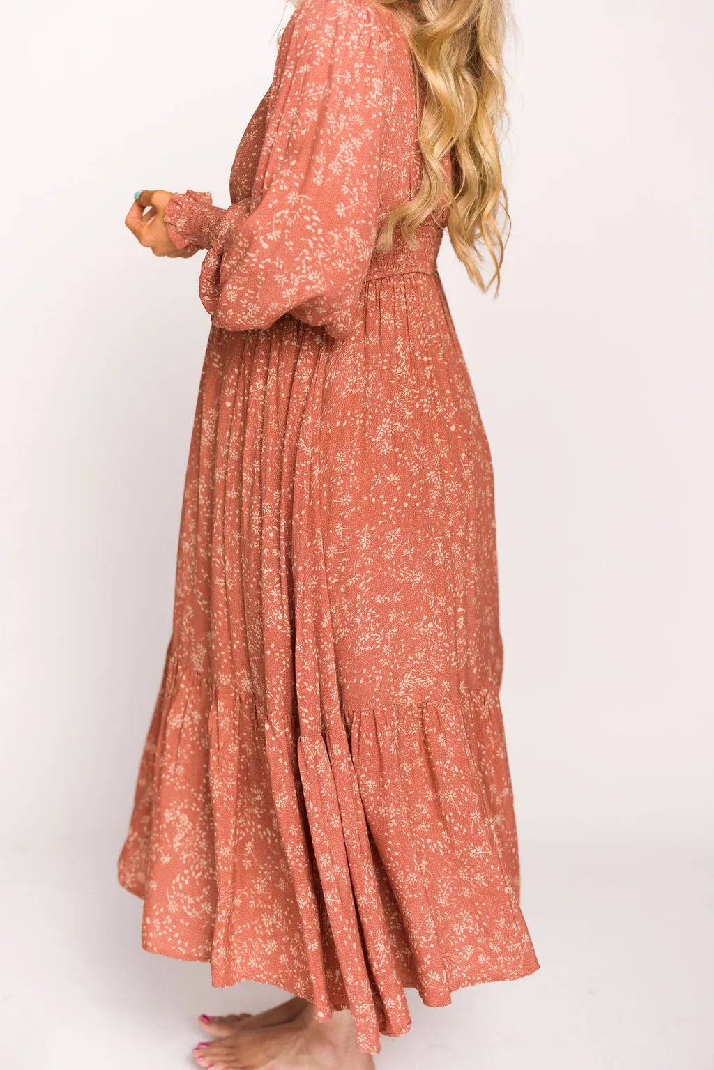 Florence Floral Button Down Long Sleeve Maxi Dress in Rosewood