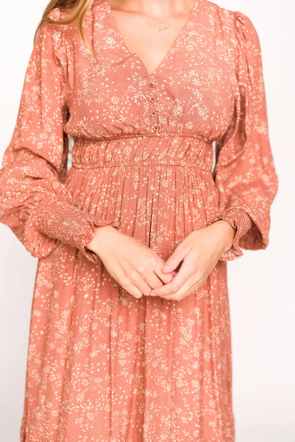 Florence Floral Button Down Long Sleeve Maxi Dress in Rosewood