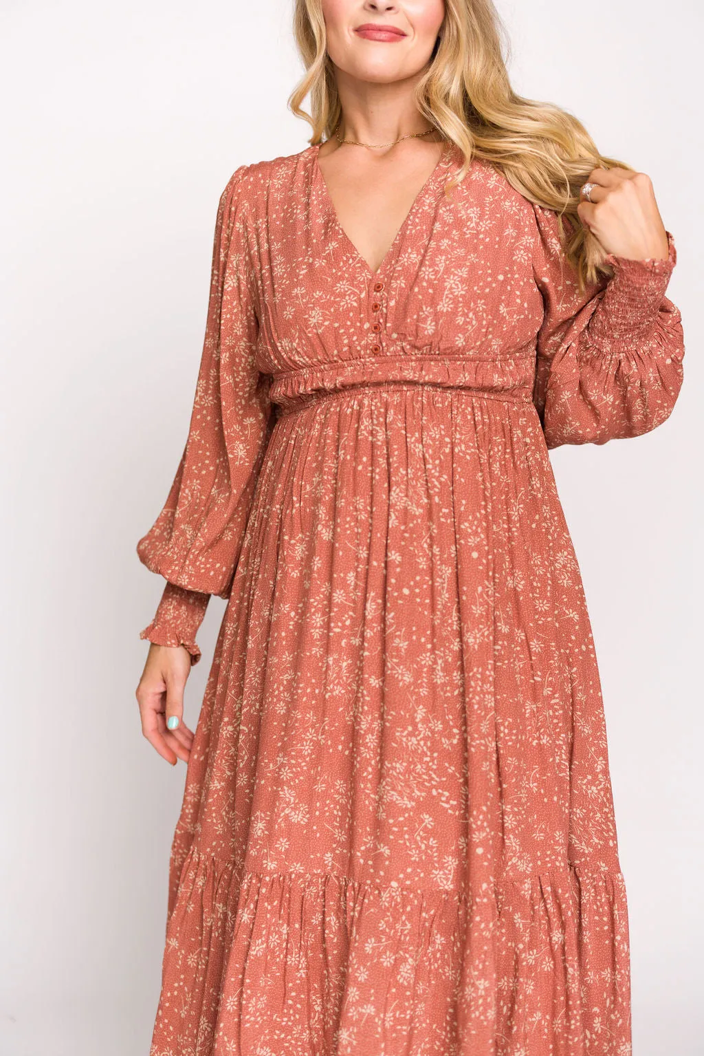 Florence Floral Button Down Long Sleeve Maxi Dress in Rosewood