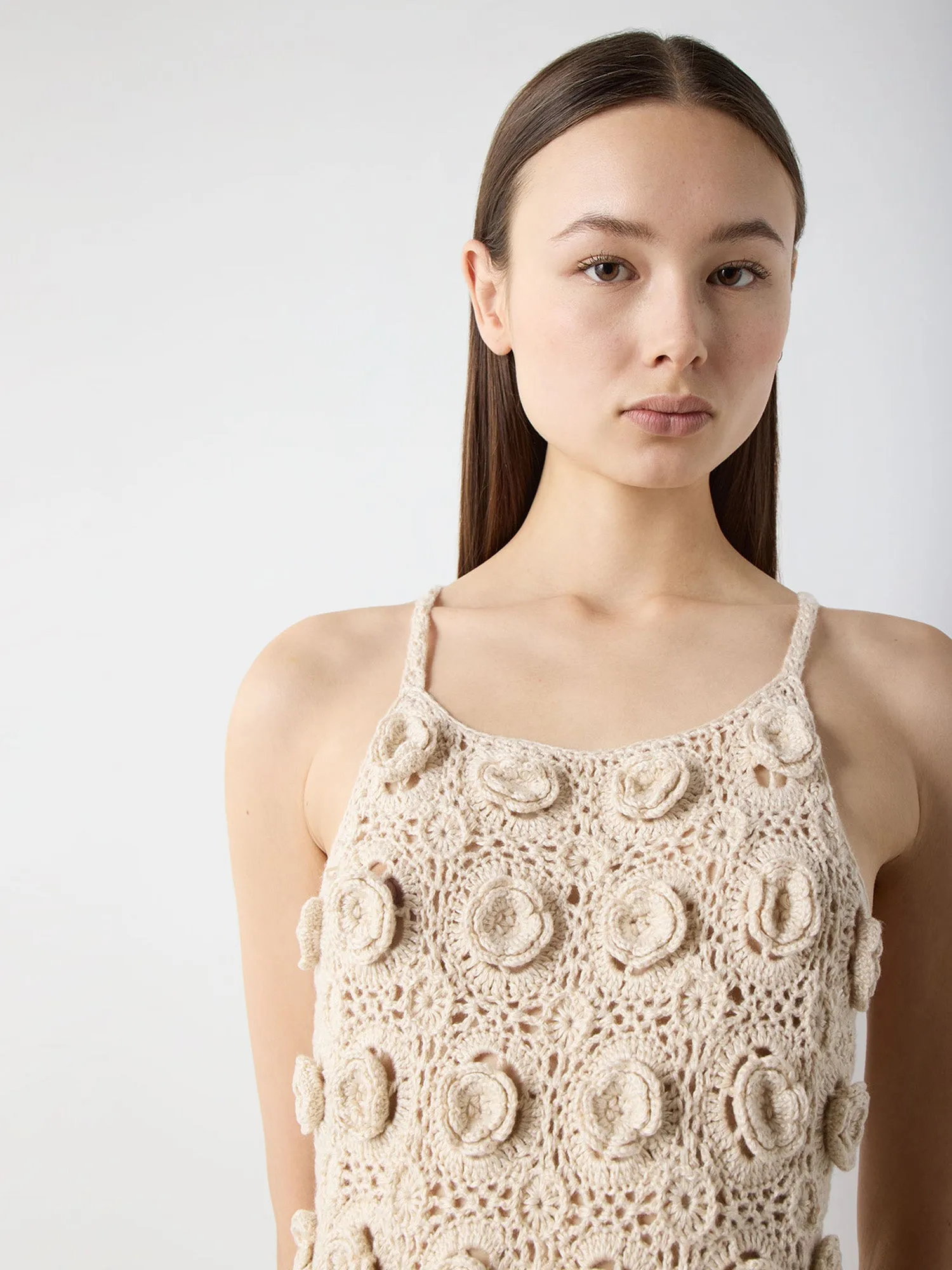 Flower Stitch Crochet Open-Back Dress in Ecru