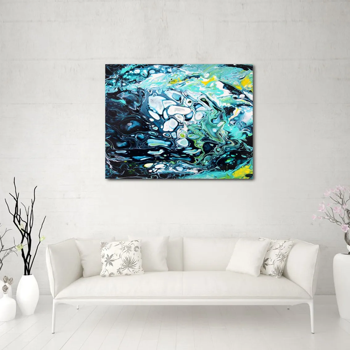 Framed horizontal blue & teal abstract wall art print