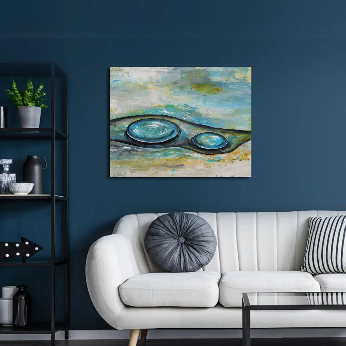 Framed horizontal neutral & blue abstract wall art print