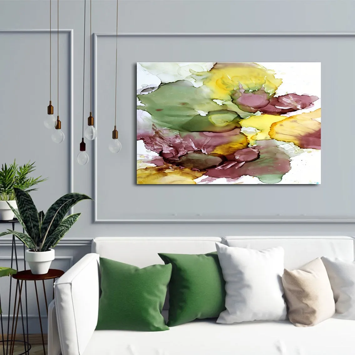 Framed horizontal olive green & brown abstract alcohol ink art print