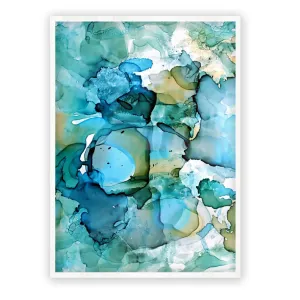 Framed vertical aqua blue & green abstract alcohol ink art print