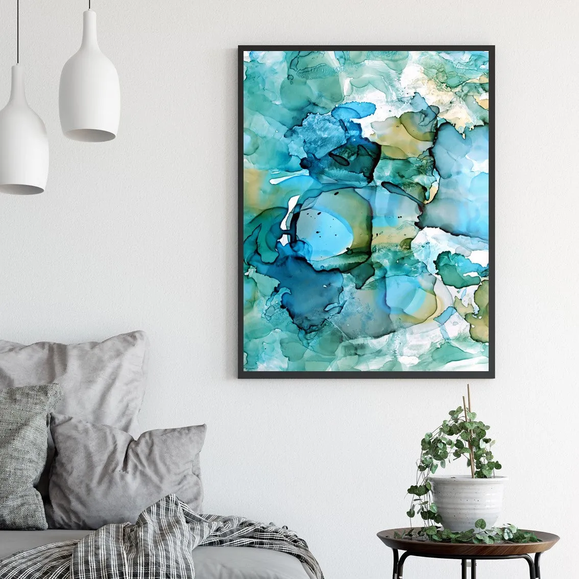 Framed vertical aqua blue & green abstract alcohol ink art print