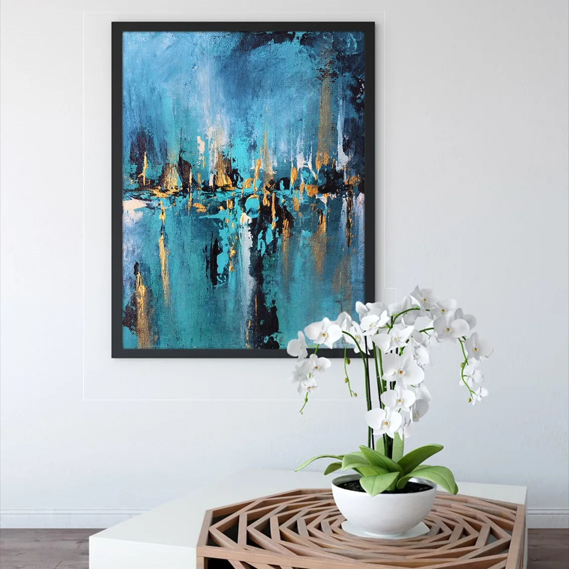 Framed vertical blue & gold abstract wall art print