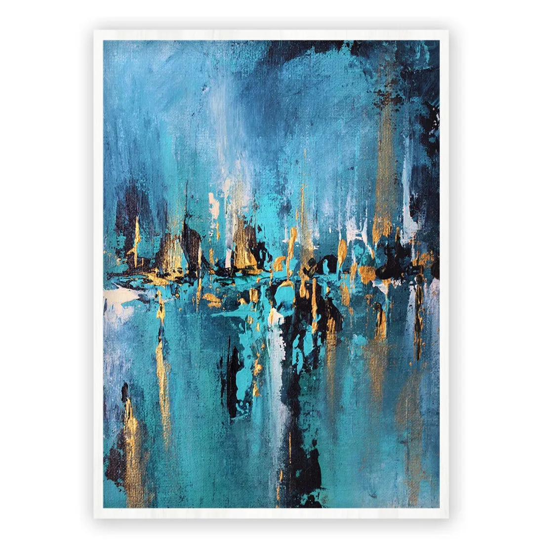 Framed vertical blue & gold abstract wall art print