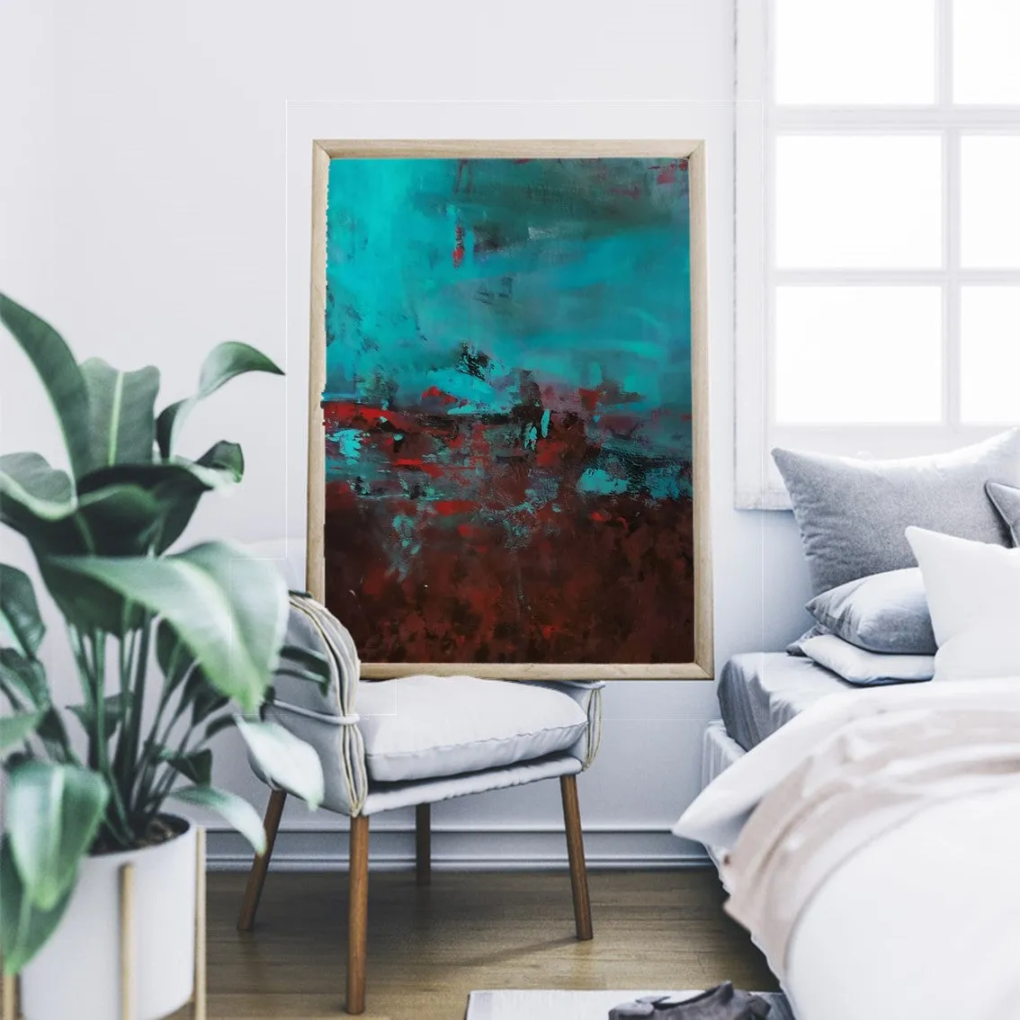 Framed vertical blue & red abstract wall art print