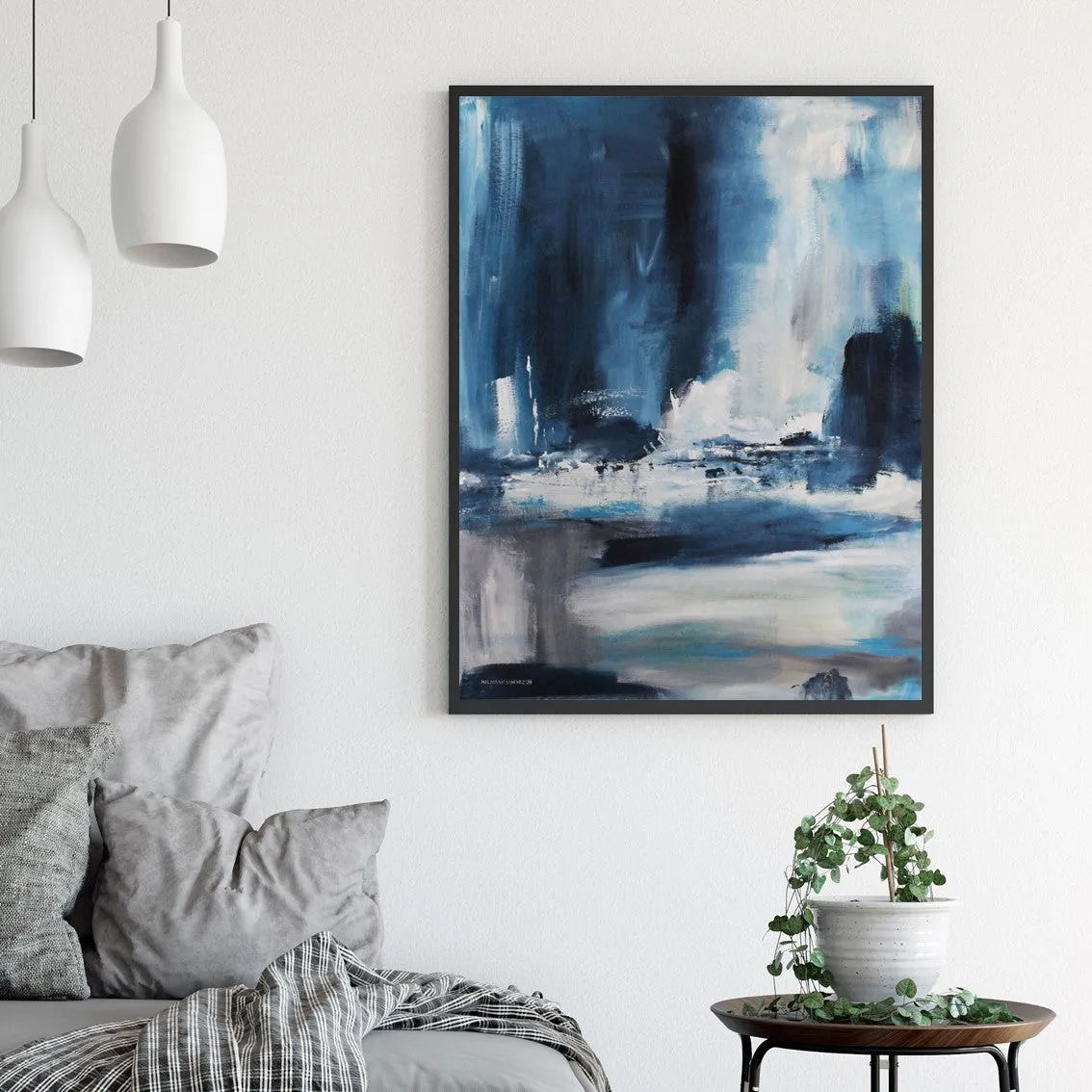 Framed vertical blue & white abstract landscape wall art print