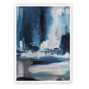 Framed vertical blue & white abstract landscape wall art print