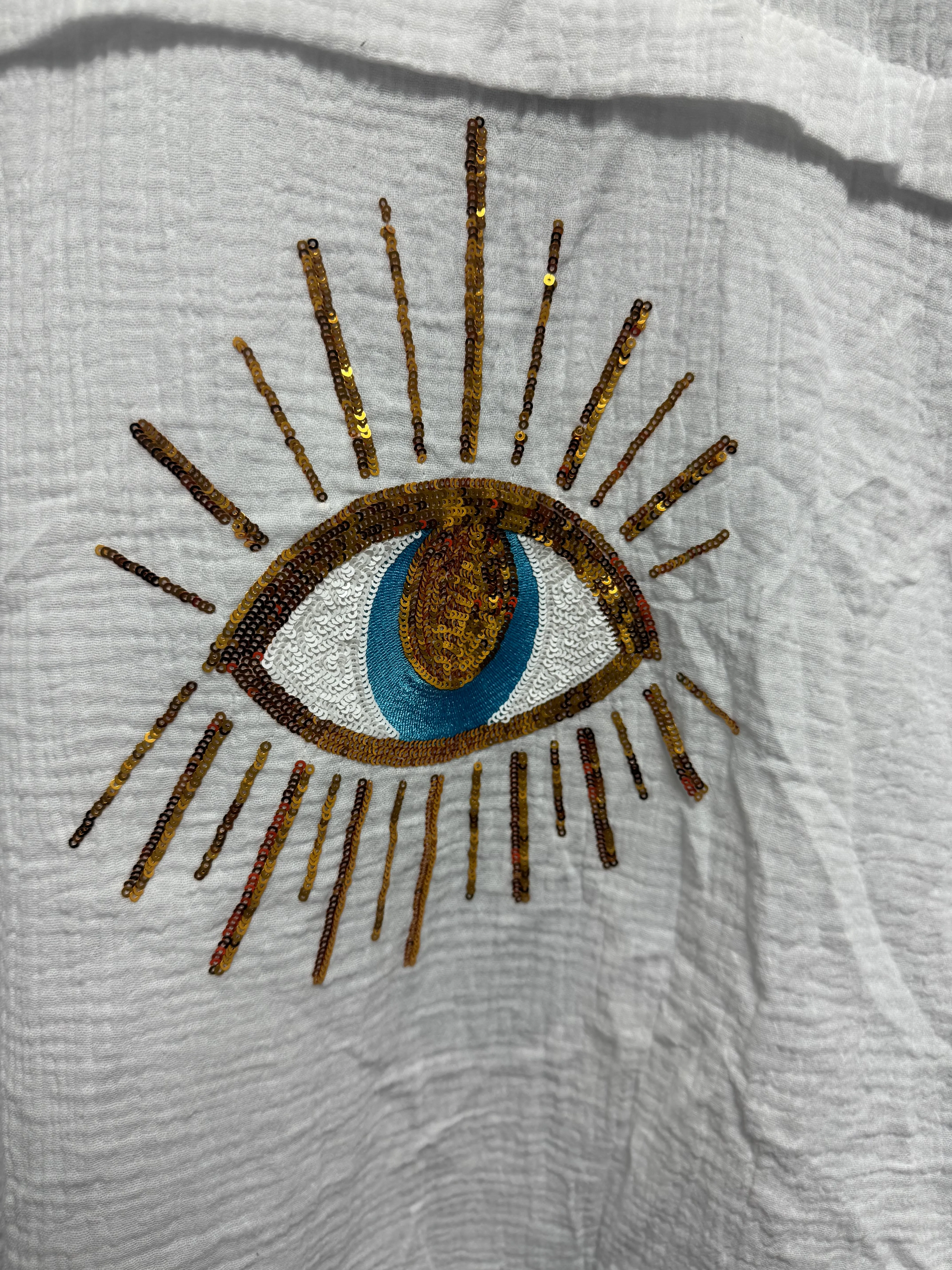 Gauze Button Down Shirt With Sequin Evil Eye Détail on Back - Assorted Colors