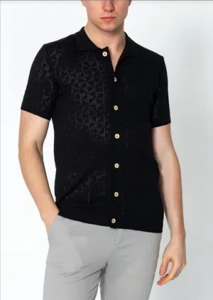 Geometric Crochet Knit Polo - Black