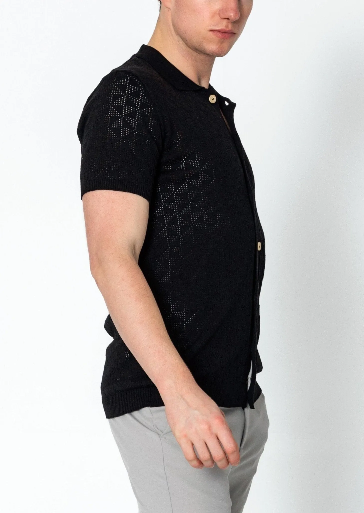 Geometric Crochet Knit Polo - Black