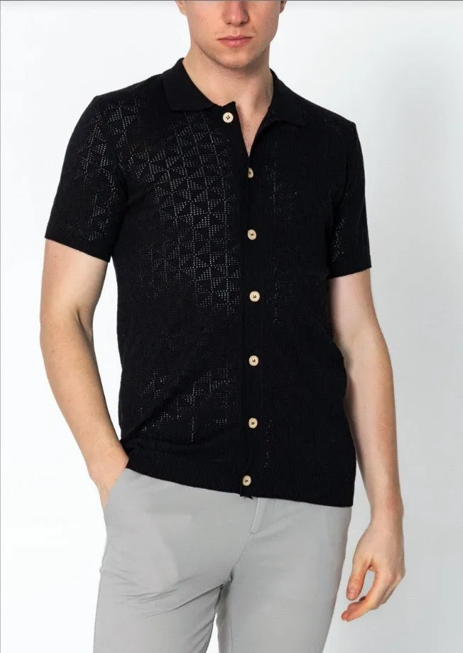 Geometric Crochet Knit Polo - Black