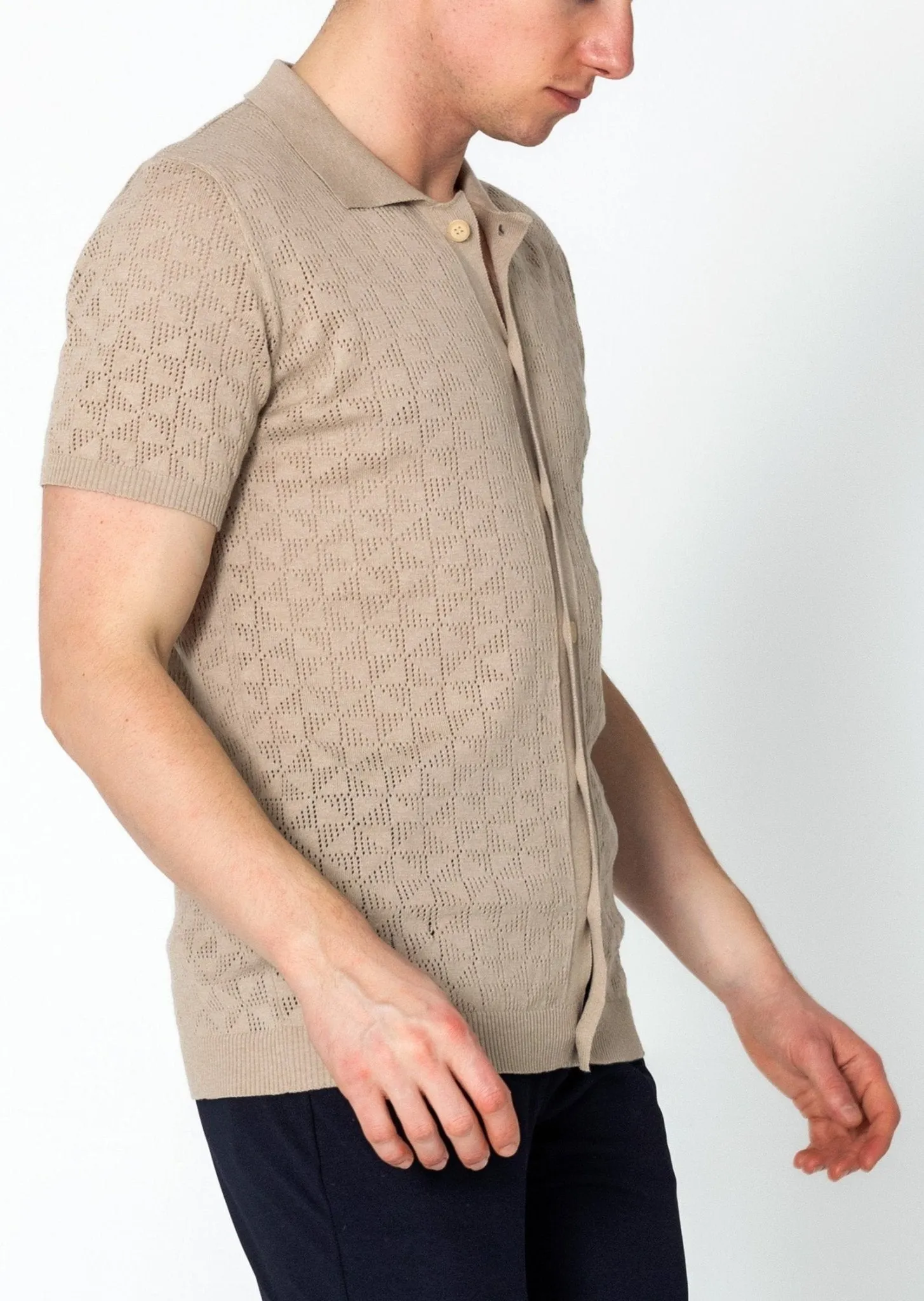 Geometric Crochet Knit Polo - Stone