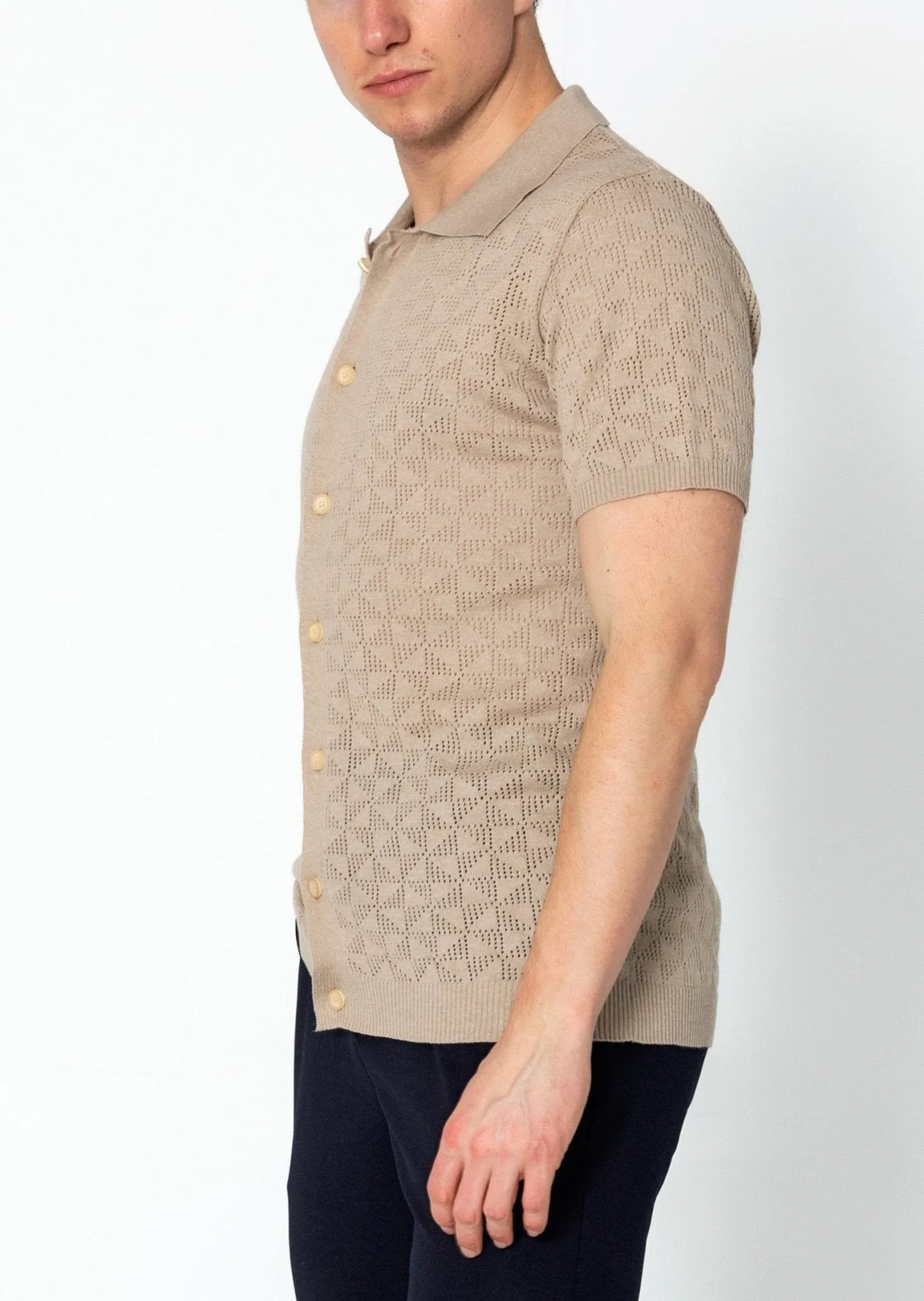 Geometric Crochet Knit Polo - Stone