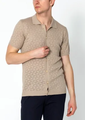 Geometric Crochet Knit Polo - Stone