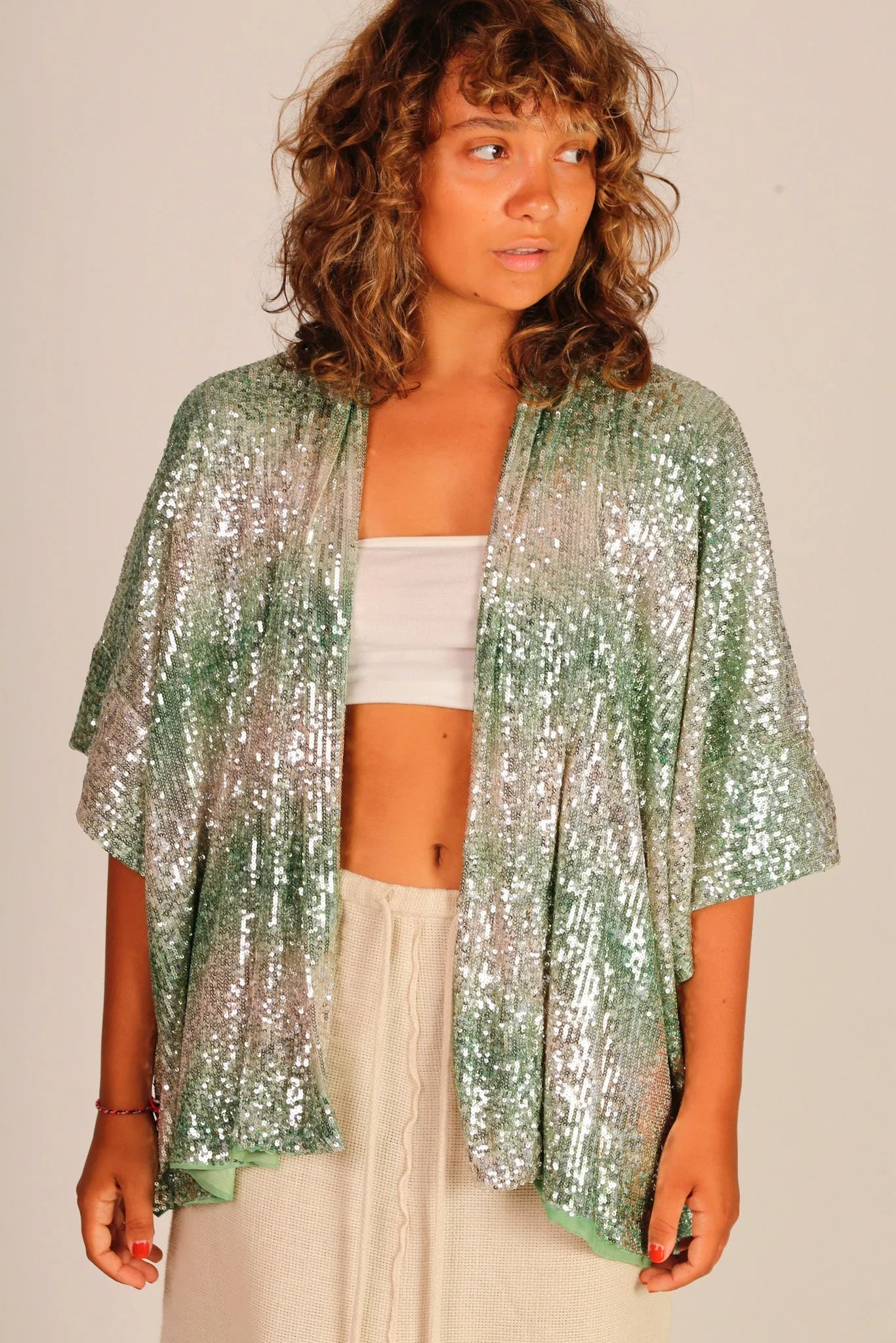 GREEN SEQUIN SHORT KIMONO LUKA