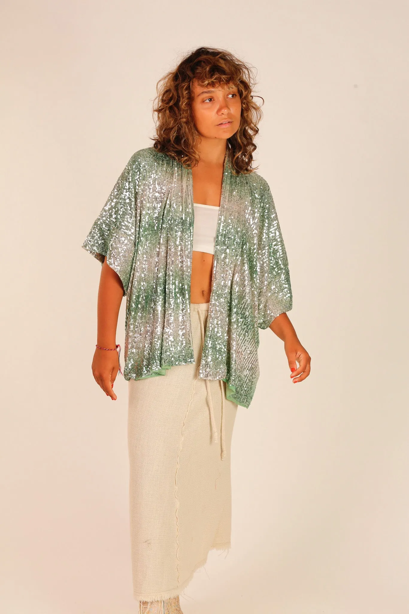 GREEN SEQUIN SHORT KIMONO LUKA