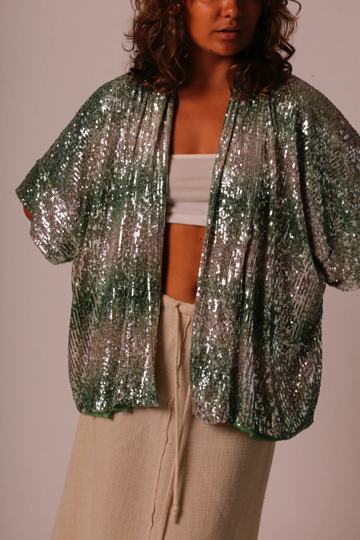 GREEN SEQUIN SHORT KIMONO LUKA