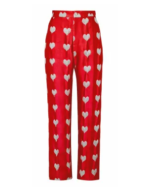 Hetty Red Heart Print Silk Jacquard Trousers