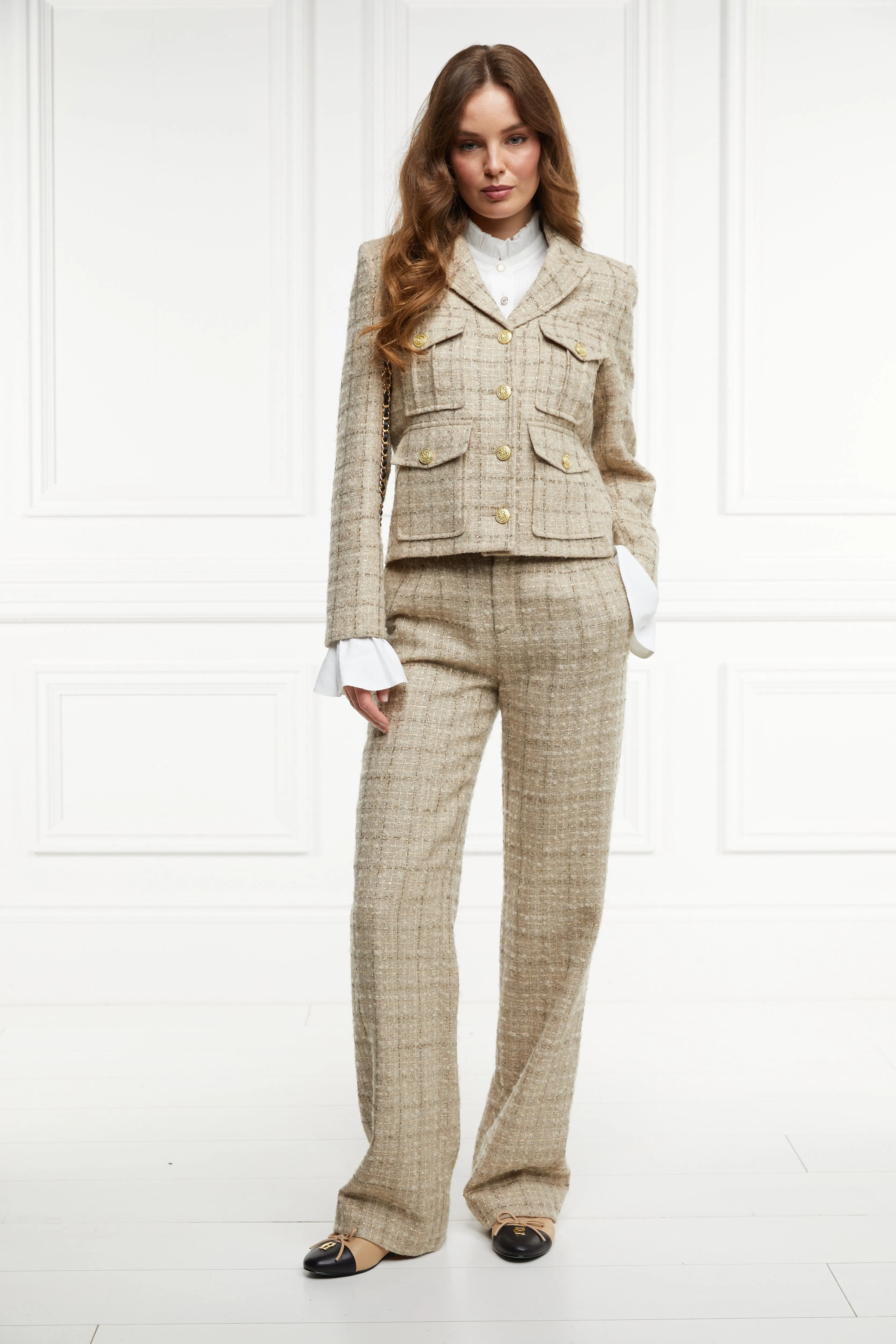 High Waisted Straight Trouser (Camel Sparkle Tweed)