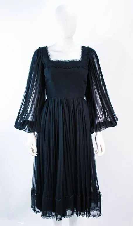 JEAN LOUIS Black Pleated Lace Dress with Sheer Sleeves