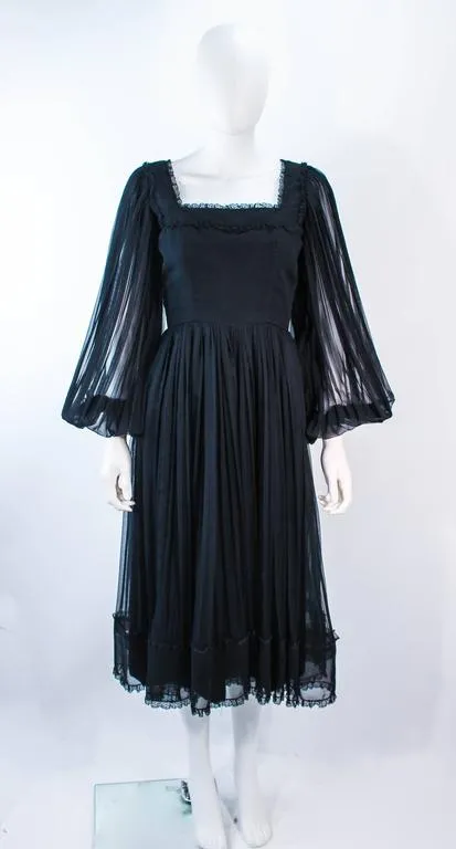 JEAN LOUIS Black Pleated Lace Dress with Sheer Sleeves