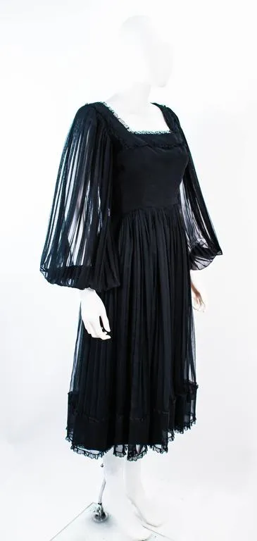 JEAN LOUIS Black Pleated Lace Dress with Sheer Sleeves