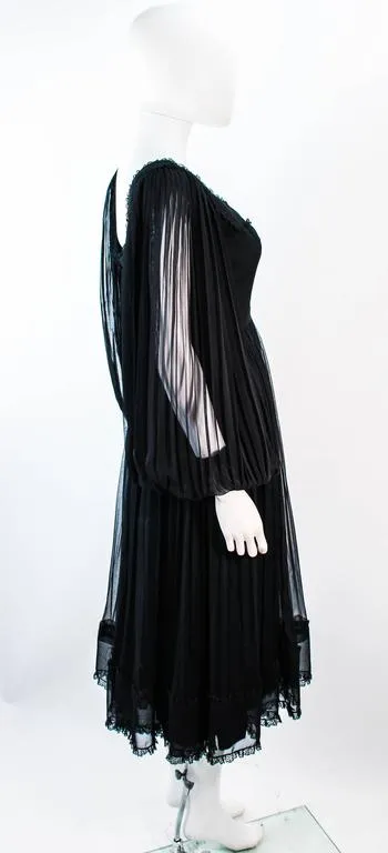 JEAN LOUIS Black Pleated Lace Dress with Sheer Sleeves