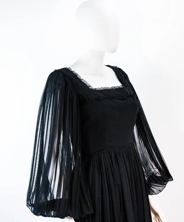 JEAN LOUIS Black Pleated Lace Dress with Sheer Sleeves