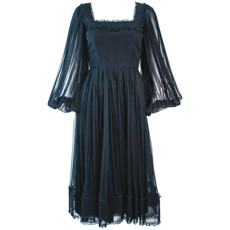 JEAN LOUIS Black Pleated Lace Dress with Sheer Sleeves