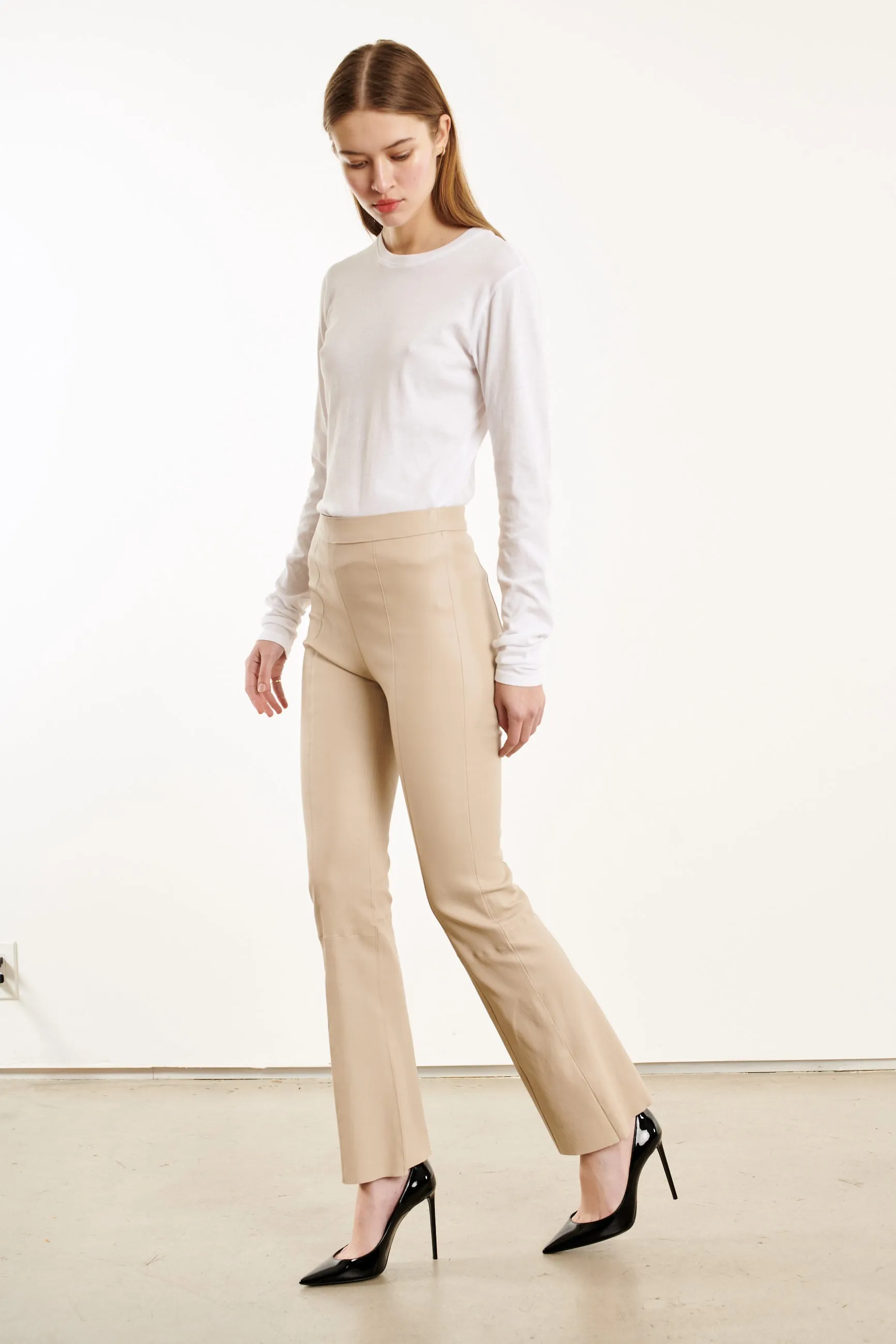 Latte Leather Crop Flare With Princess Seams