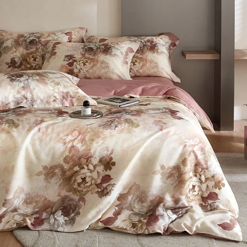 Luxurious Flower Tencel Bedding Set – 4-Piece, Digital Print