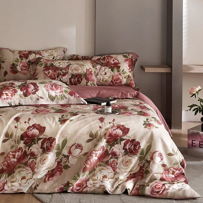 Luxurious Flower Tencel Bedding Set – 4-Piece, Digital Print