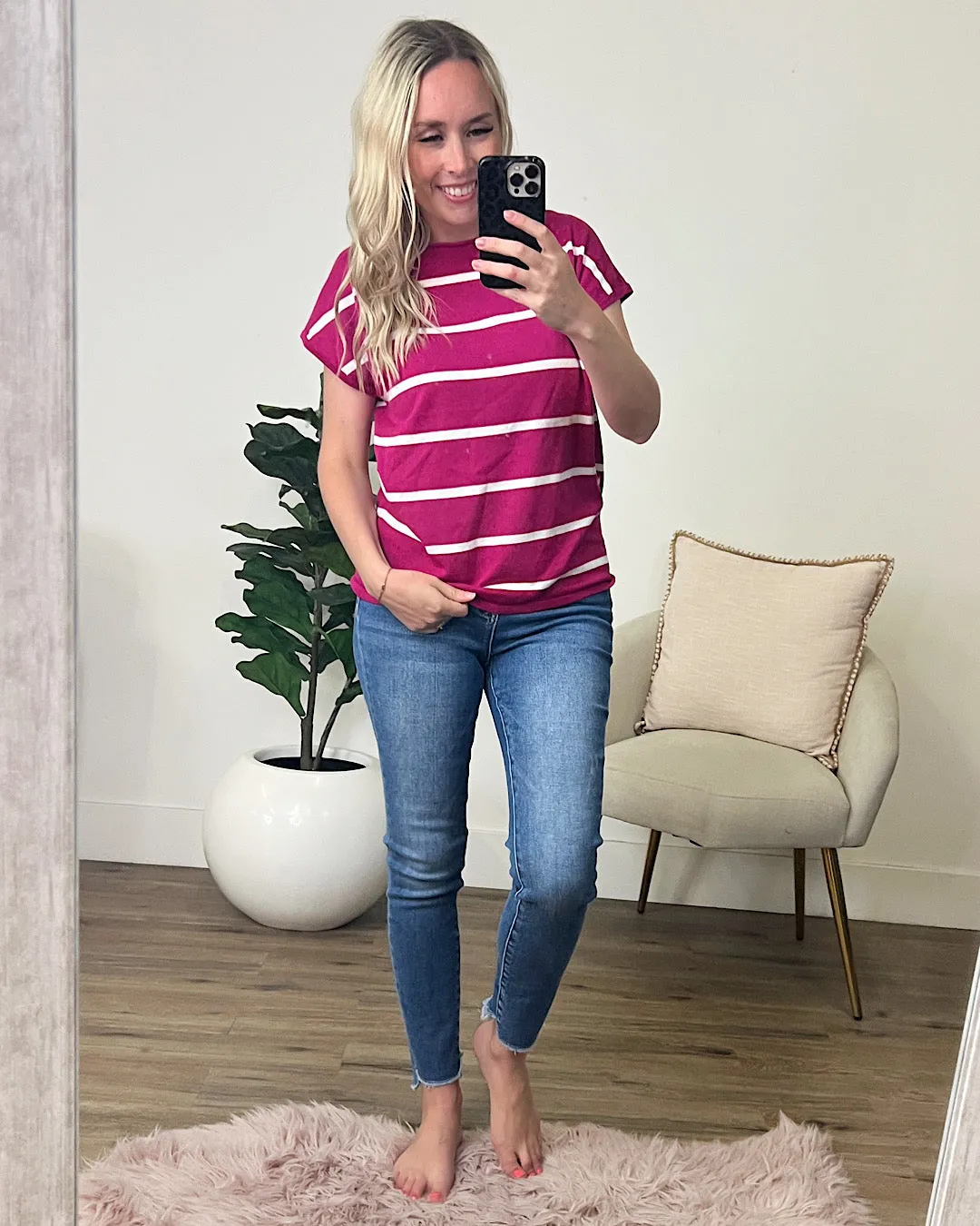 Madalyn Striped Lightweight Sweater - Fuchsia