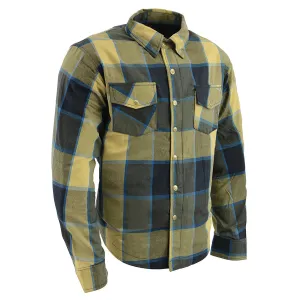 Men’s Beige/Black & Blue Checkered Armored Flannel Biker Shirt w/ Reinforced Fibers