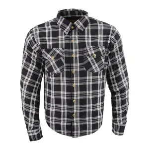 Men’s Black & White Armored Flannel Biker Shirt w/ Reinforced Fibers