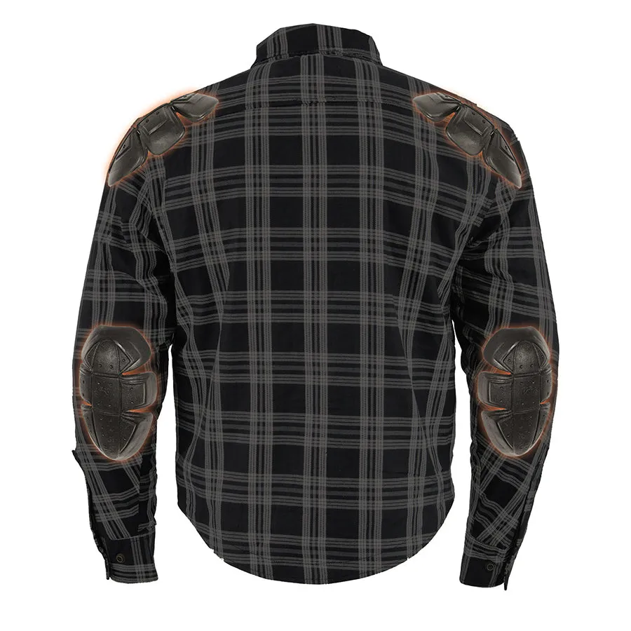 Men’s Black & White Armored Flannel Biker Shirt w/ Reinforced Fibers