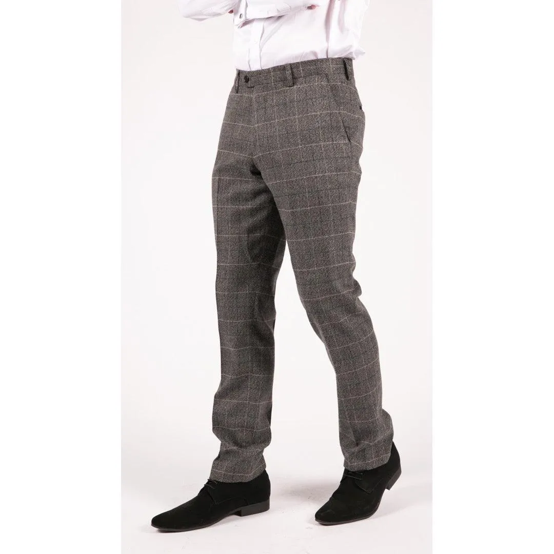 Mens Blue Herringbone Tweed Trousers Vintage Tailored Fit Grey Blue Wedding