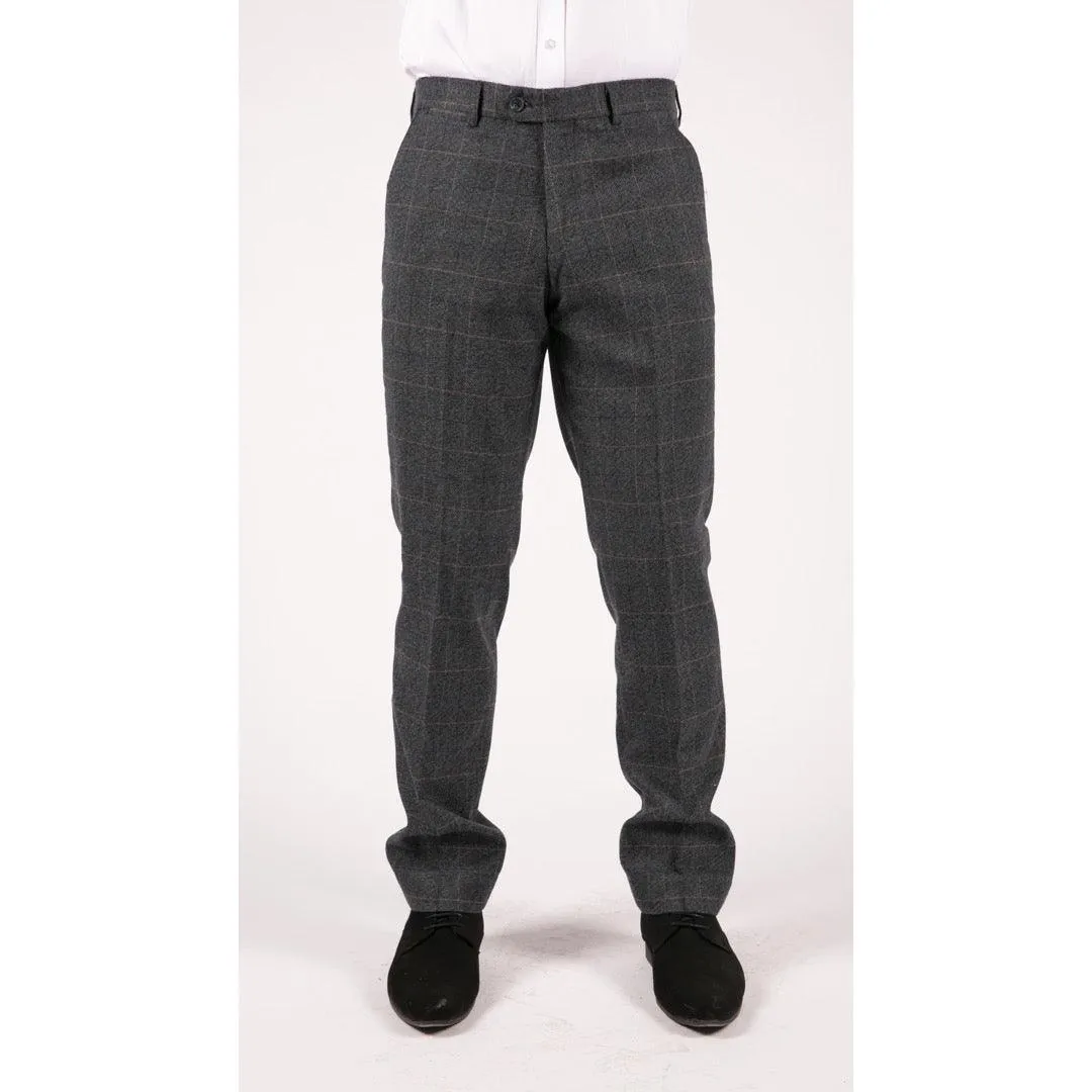 Mens Blue Herringbone Tweed Trousers Vintage Tailored Fit Grey Blue Wedding